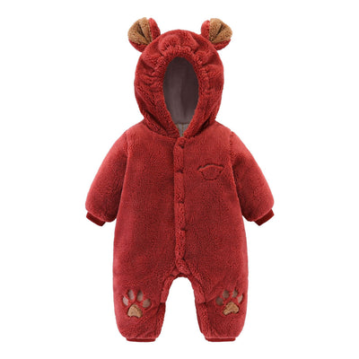 Homeshinex adorable baby bear romper in soft red plush fabric with hood and bear ears