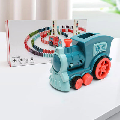 Homeshinex automatic domino stacking car toy in blue and orange with colorful dominoes in the background