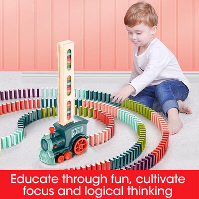 Homeshinex automatic domino stacking car with colorful dominoes and a child playing on the floor