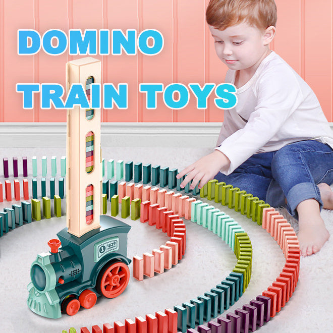 Child playing with Homeshinex automatic domino stacking car surrounded by colorful dominoes on floor