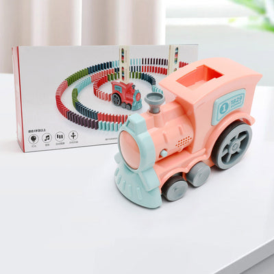 Homeshinex automatic domino stacking car toy in pastel colors with packaging showing colorful dominos