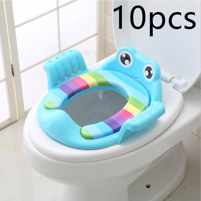 Homeshinex blue children potty training seat with handles featuring colorful stripes and frog design on a white toilet
