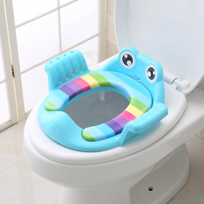 Homeshinex children potty training seat with handles in blue with colorful stripes and frog design