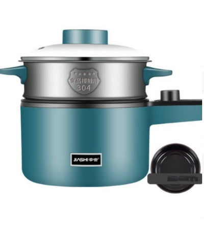 Homeshinex mini electric cooking pot in teal with stainless steel steamer and glass lid