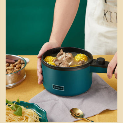 Homeshinex mini electric cooking pot in teal with stew and corn, perfect for small meals