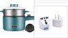 Homeshinex mini electric cooking pot in teal with stainless steel lid and power plug adapters