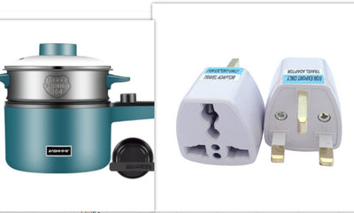 Homeshinex mini electric cooking pot in teal with stainless steel steamer and UK plug adapters
