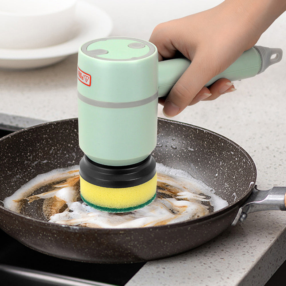 Homeshinex electric cleaning brush for kitchen with a yellow sponge scrubbing a frying pan