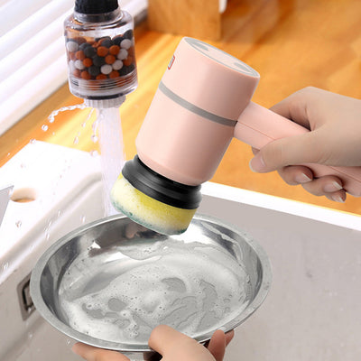 Homeshinex electric cleaning brush for kitchen with sponge head cleaning a metal plate under running water