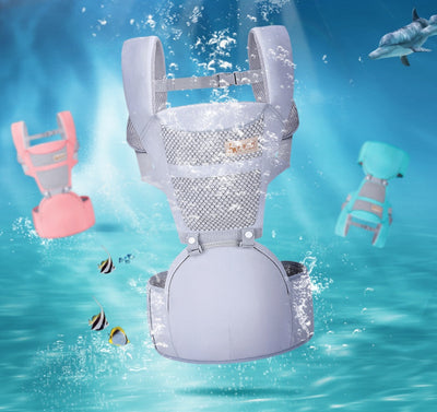 Homeshinex ergonomic child sitting carrier bag in light gray with breathable mesh design floating underwater