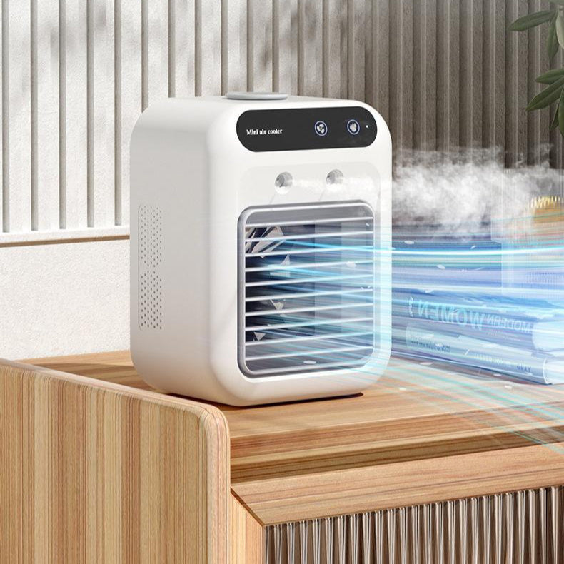 Homeshinex mini water cooling fan for home on wooden table blowing cool air with mist effect