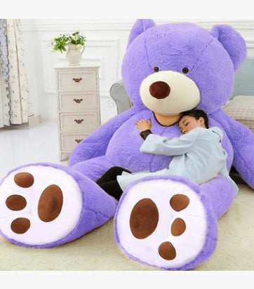 Homeshinex large soft leather teddy bear toy in purple with a child hugging it in a cozy living room