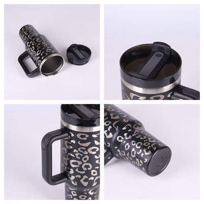 Homeshinex spill proof stainless steel travel mug with leopard print and black handle