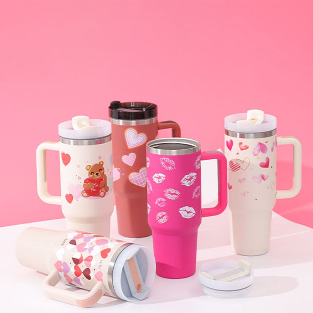 Homeshinex spill proof stainless steel travel mug set with heart and bear designs in pink and white colors