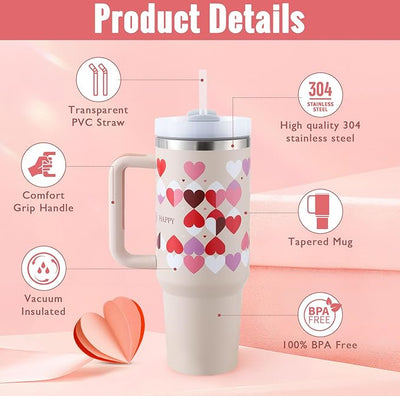 Homeshinex spill proof stainless steel travel mug with heart design and transparent PVC straw