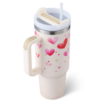 Homeshinex spill proof stainless steel travel mug with pink heart design and beige handle