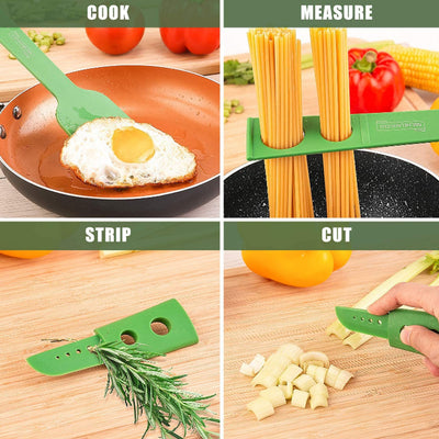 Versatile kitchen spoon for pasta and eggs in green used for cooking, measuring, stripping herbs, and cutting
