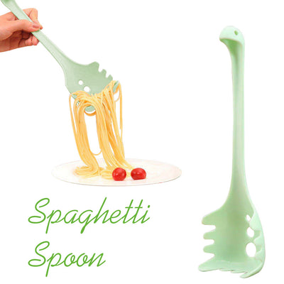 Homeshinex versatile kitchen spoon for pasta and eggs in green, shown lifting spaghetti
